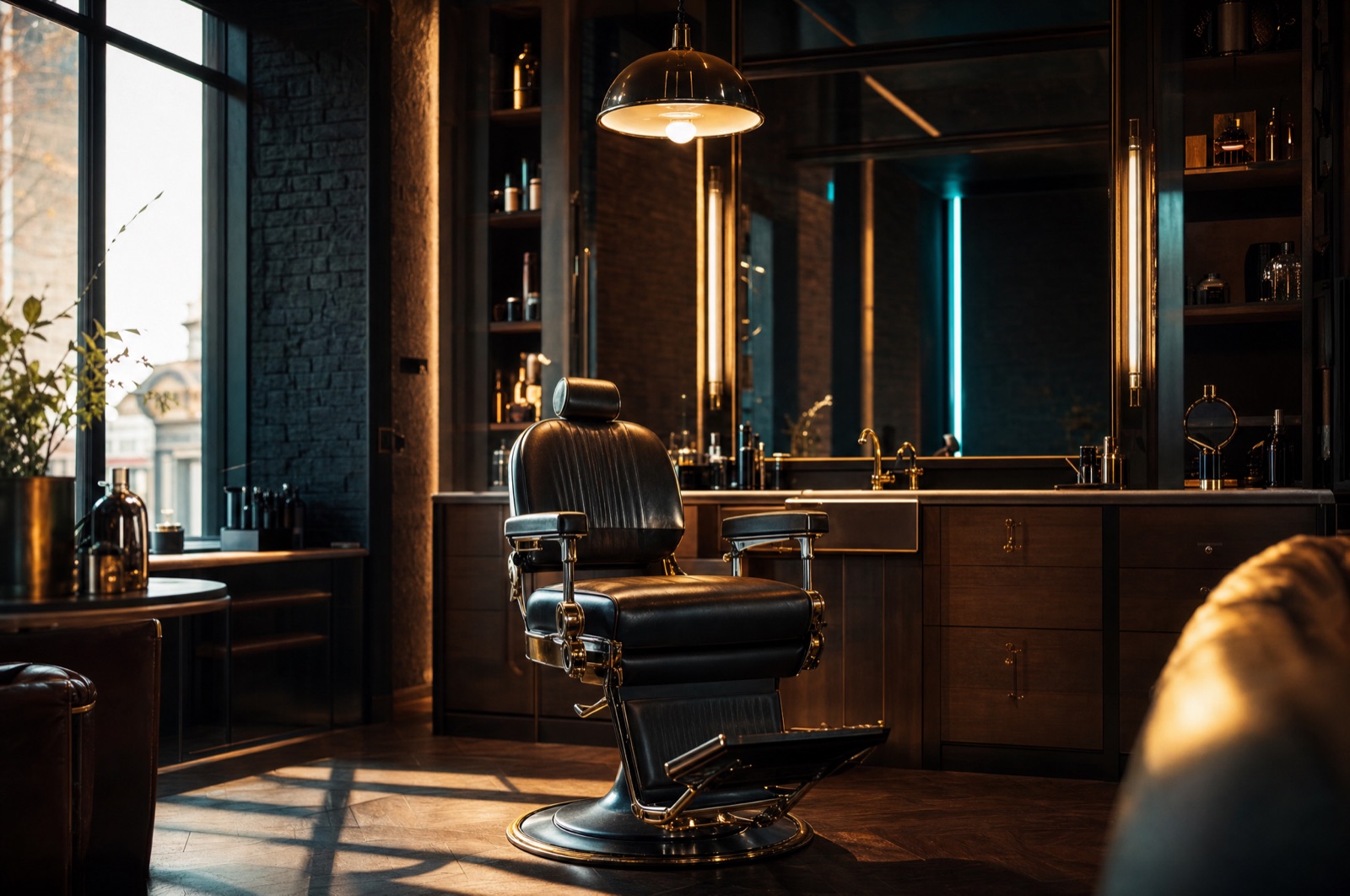 An empty leather barber chair under warm pendant light in an upscale shop interior.